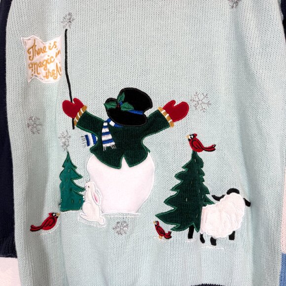 Vintage Quacker Factory Christmas Holiday Sweater Blue Embroidered Patches Large - Picture 8 of 13